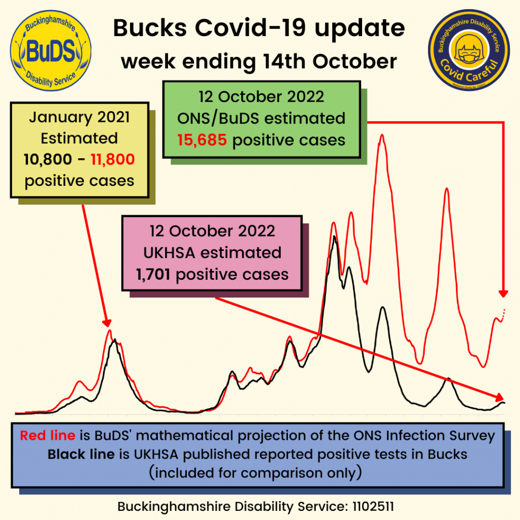 A graph showing positive Covid cases. BuDS/ONS estimated 15,685 cases on 12 October. UKHSA estimated 1,701 cases on 12 October.