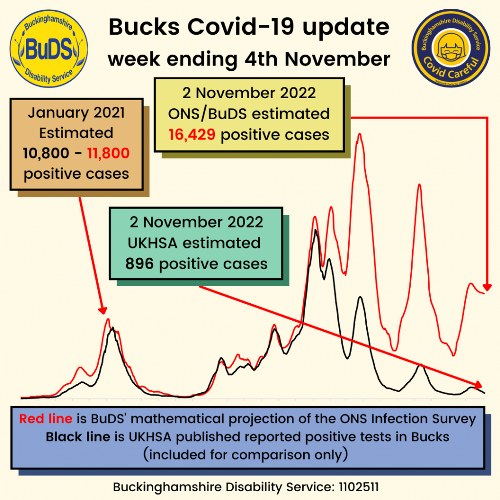 A graph showing positive Covid cases. BuDS/ONS estimated 16,429 cases on 2nd November. UKHSA estimated 896 cases on 2nd November.