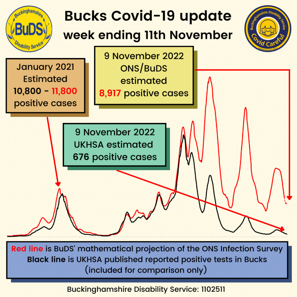 A graph showing positive Covid cases. BuDS/ONS estimated 8,917 cases on 9th November. UKHSA estimated 676 cases on 9th November.