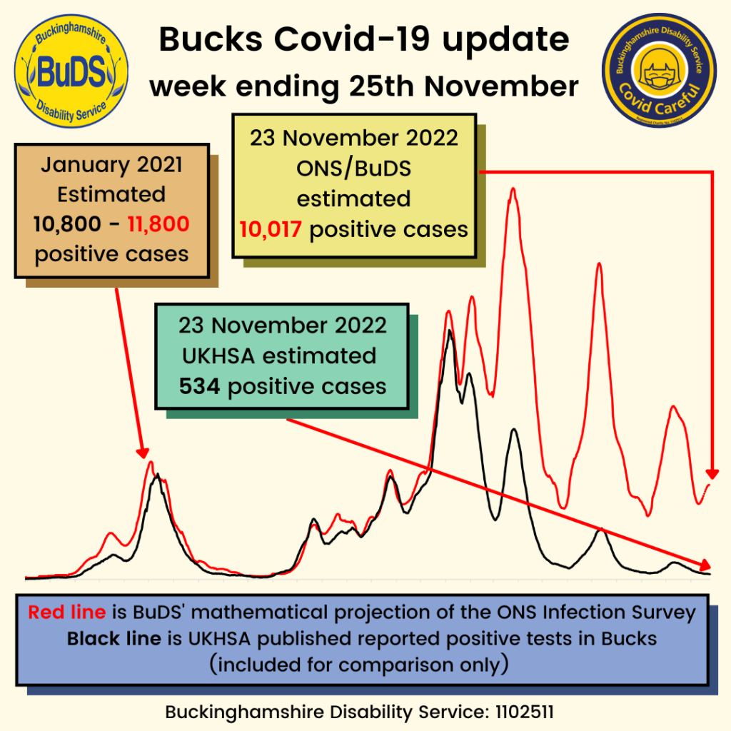 A graph showing positive Covid cases. BuDS/ONS estimated 10,017 cases on 23 November. UKHSA estimated 534 cases on 23 November.