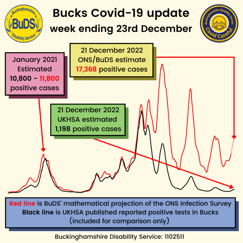 A graph showing positive Covid cases. BuDS/ONS estimated 17,386 cases on 21 December. UKHSA estimated 1,198 cases on 21 December.