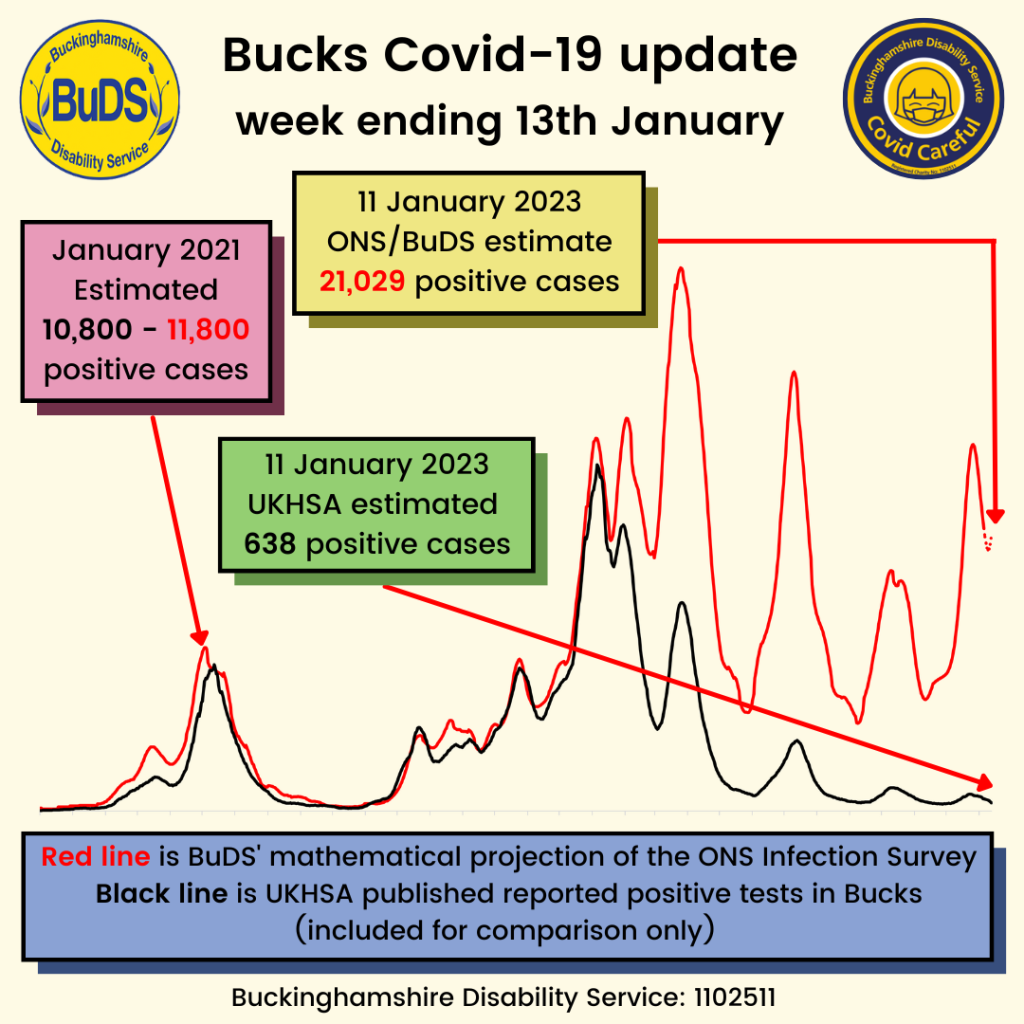 A graph showing positive Covid cases. BuDS/ONS estimated 21,029 cases on 11 January. UKHSA estimated 638 cases on 11 January.