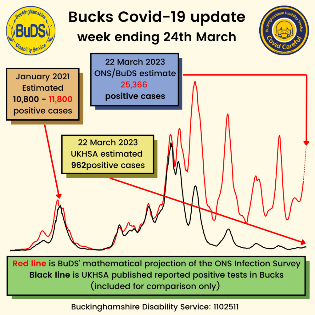 A graph showing positive Covid cases. BuDS/ONS estimated 25,366 cases on 22 March. UKHSA estimated 962 cases on 22 March.