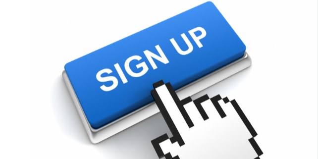 A blue button marked "Sign Up" in white letters, with a stylised hand about to press it