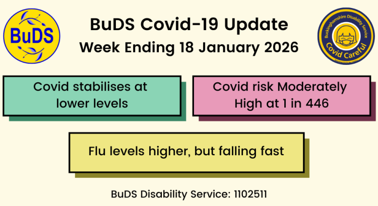 Covid stabilises at lower levels. Covid risk Moderately High at 1 in 446. Flu levels higher, but falling fast.