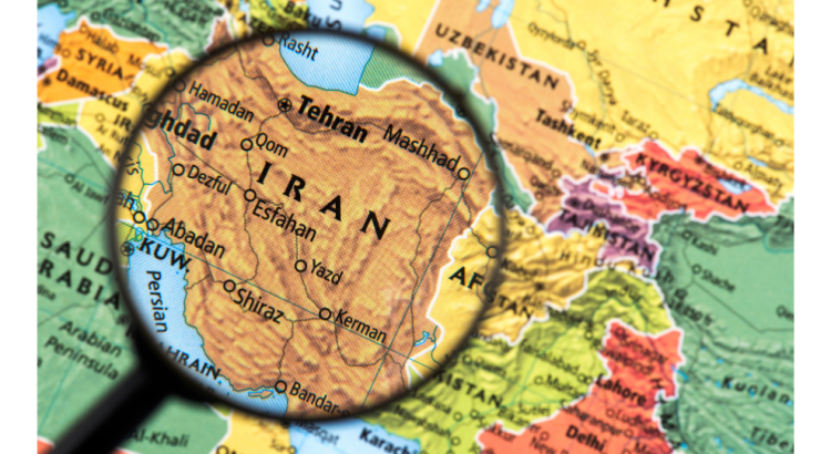 A coloured atlas-style map of the Gulf States with a magnifying glass over Iran